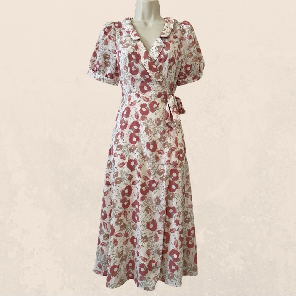 Pink floral wrap midi dress